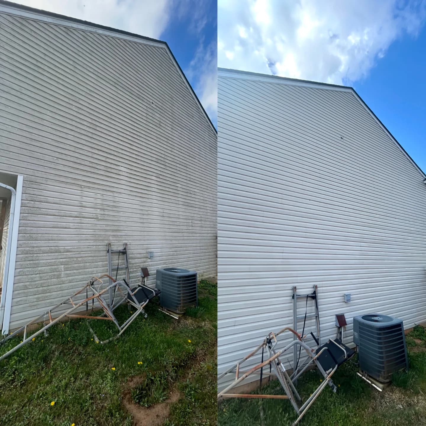 Before and after of vinyl siding cleaned with a soft wash on a Northwest Arkansas home