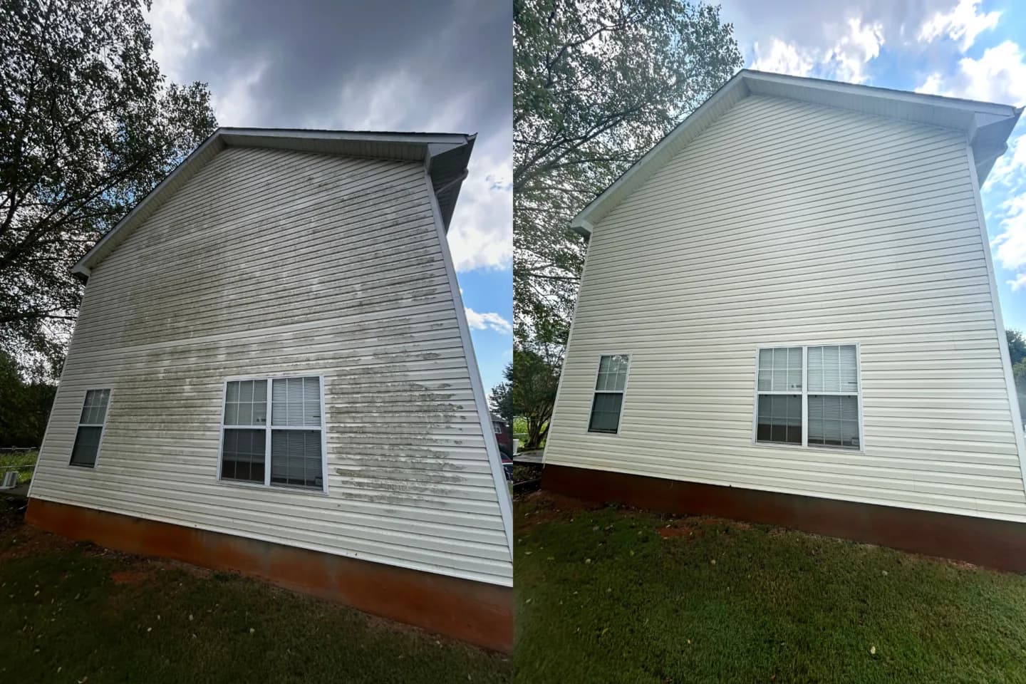 Residential siding before and after a soft wash, white vinyl exterior restored