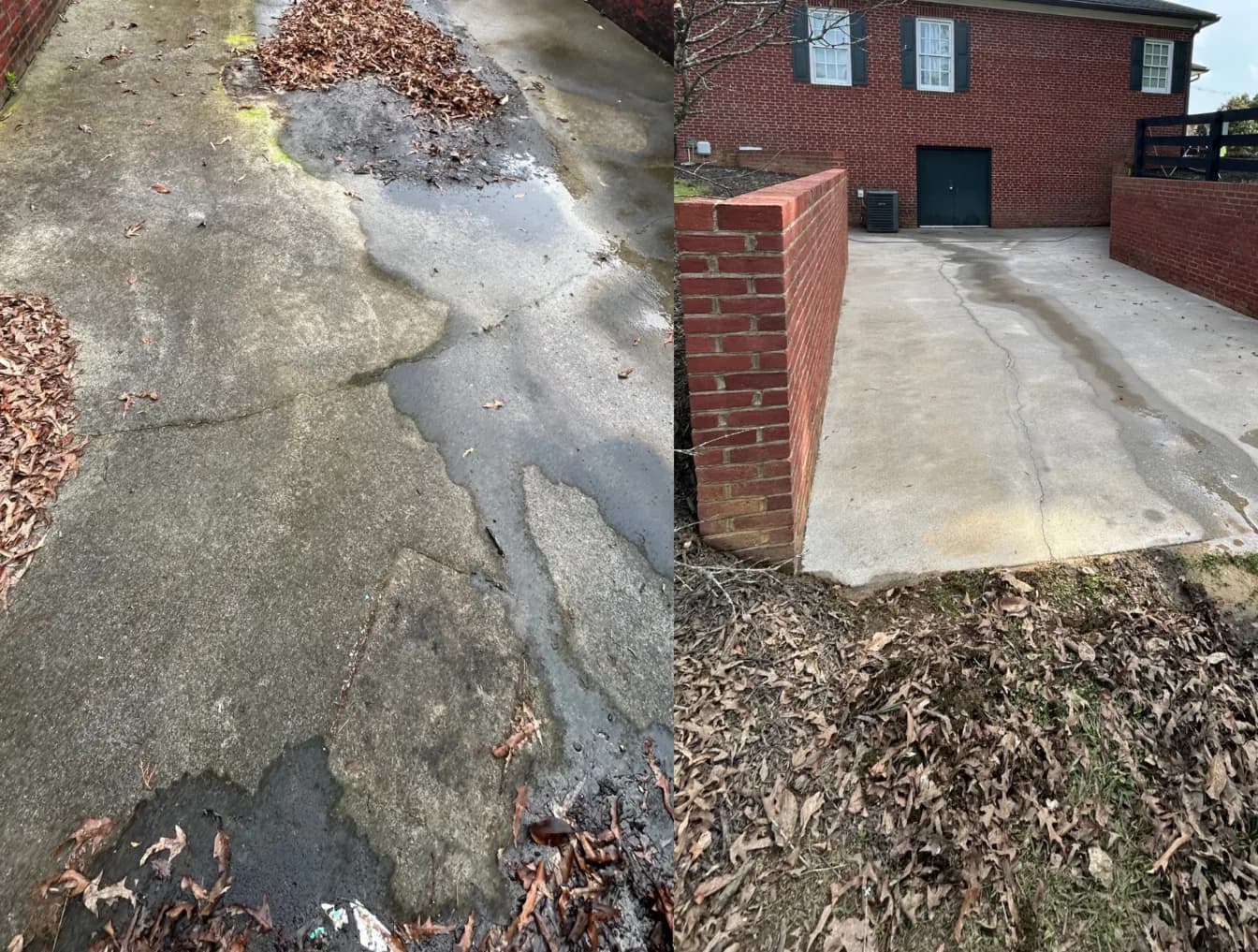 Before and after brick driveway cleaning, leaves and algae buildup removed