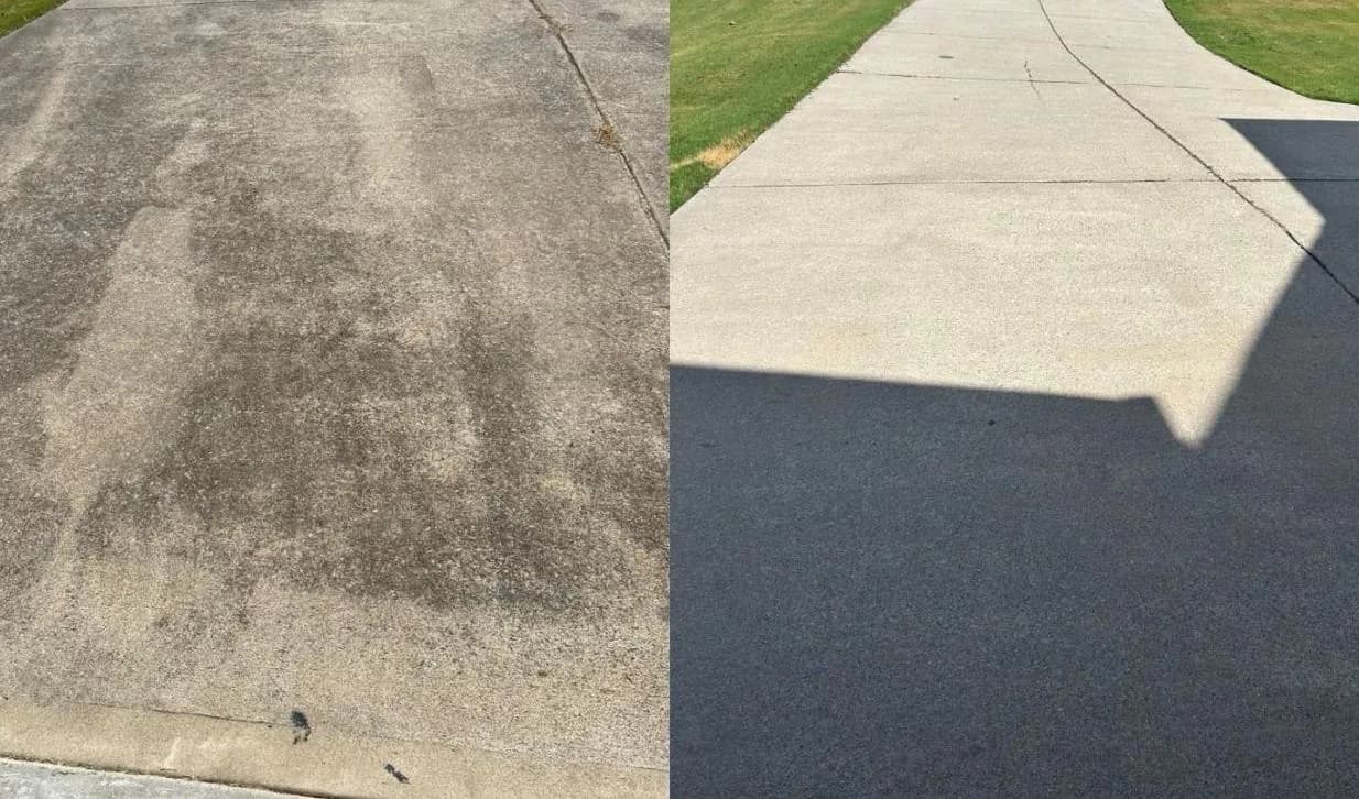 Before and after concrete driveway pressure washing, moss and stains removed